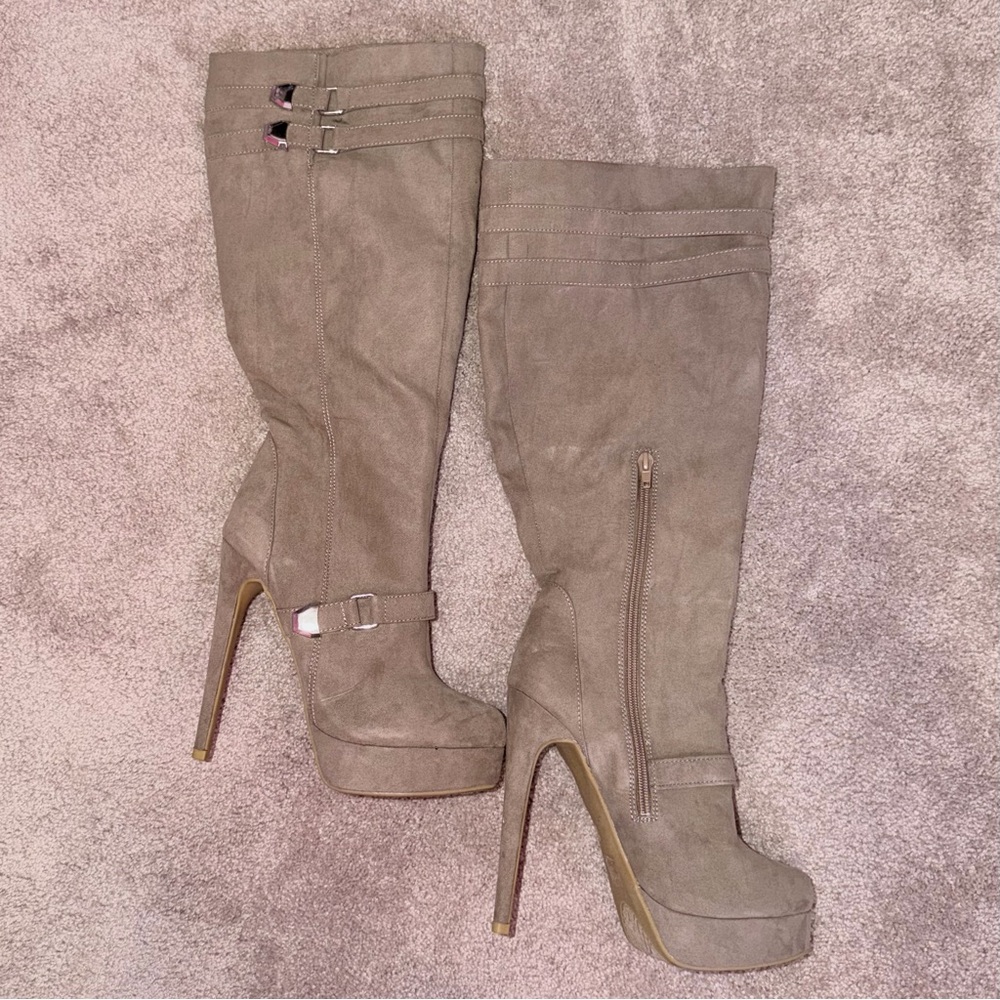 Laundry List Taupe Suede High Heel Platform Boots